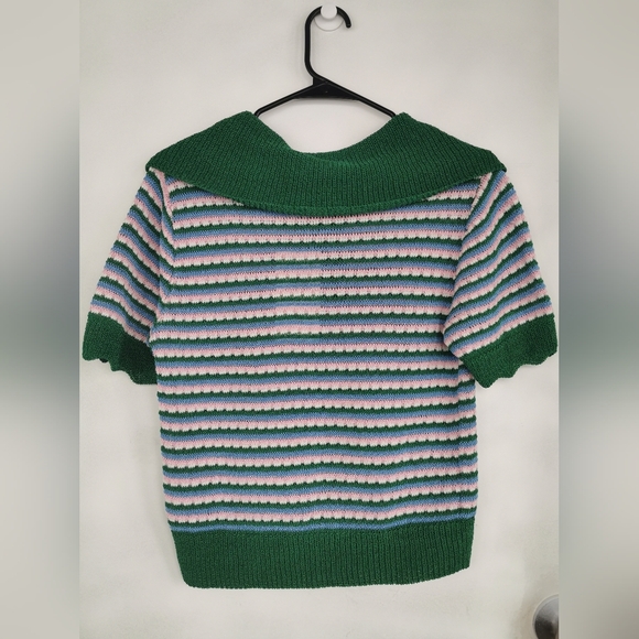 Zara NWT striped knit polo shirt with flower buttons Size M Green Pi nk blue - Picture 4 of 11
